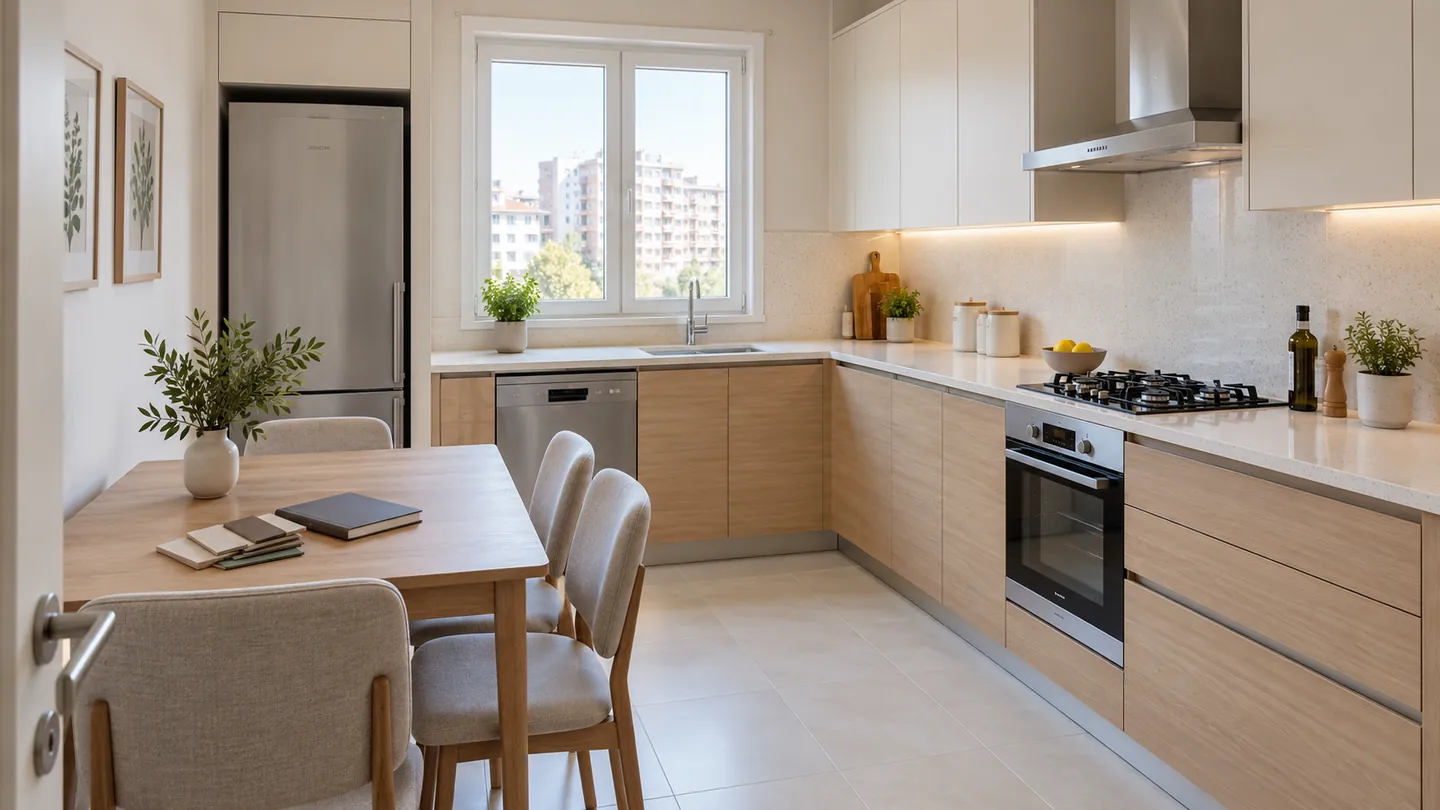 Apartman mutfağında L dolap düzeni ve yemek masası