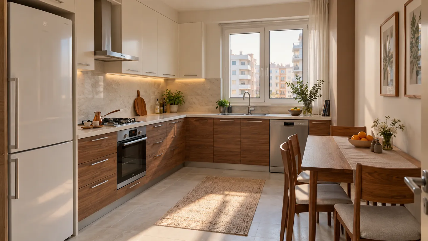 Ceviz ve krem dolaplı L tipi apartman mutfağı