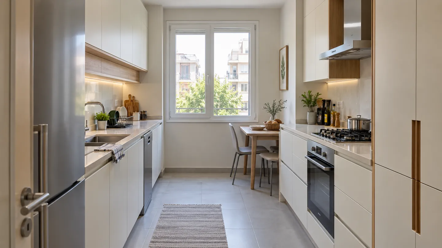 Kırık beyaz dolaplı paralel apartman mutfağı