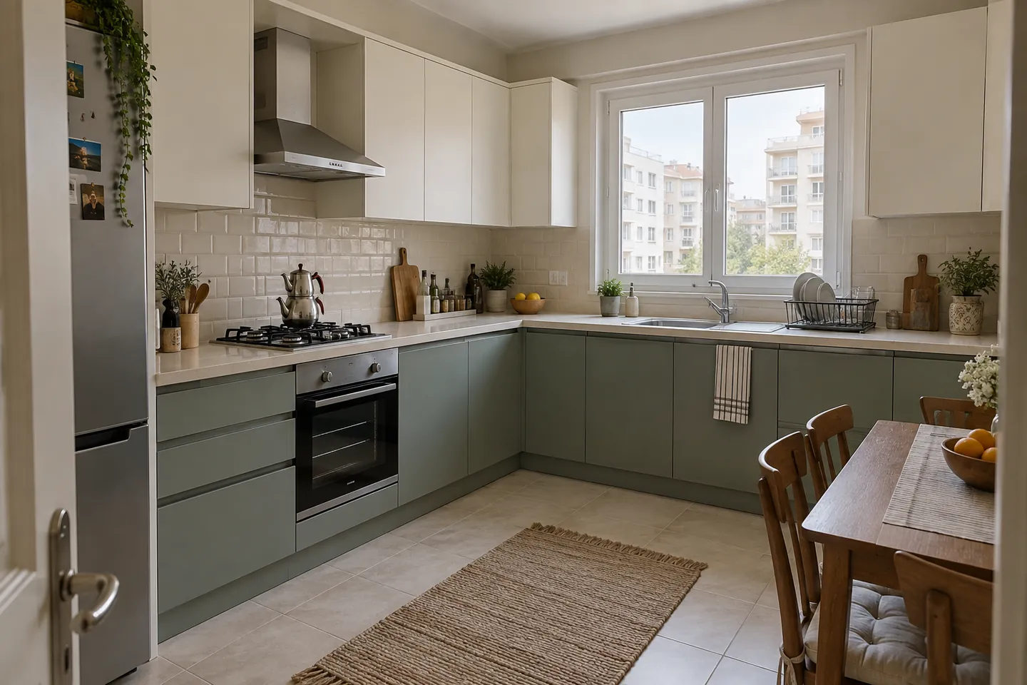 Adaçayı yeşili dolaplarla adasız L apartman mutfağı