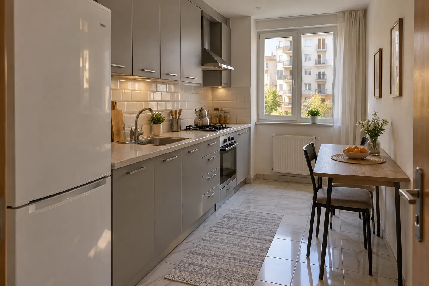 Tek duvar dolapları ve küçük yemek masası olan apartman mutfağı
